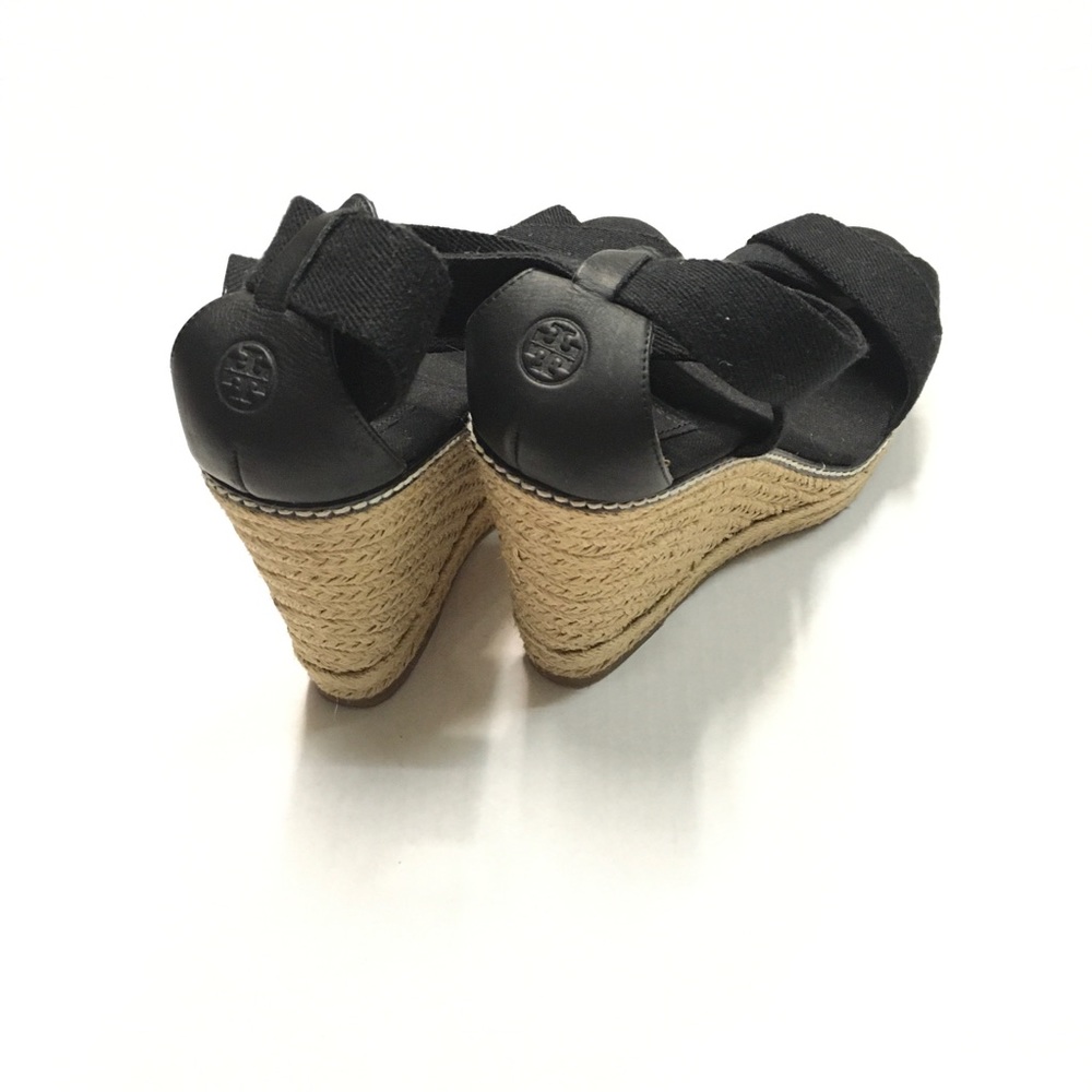 Tory Burch Black and Tan Espadrille Wedges